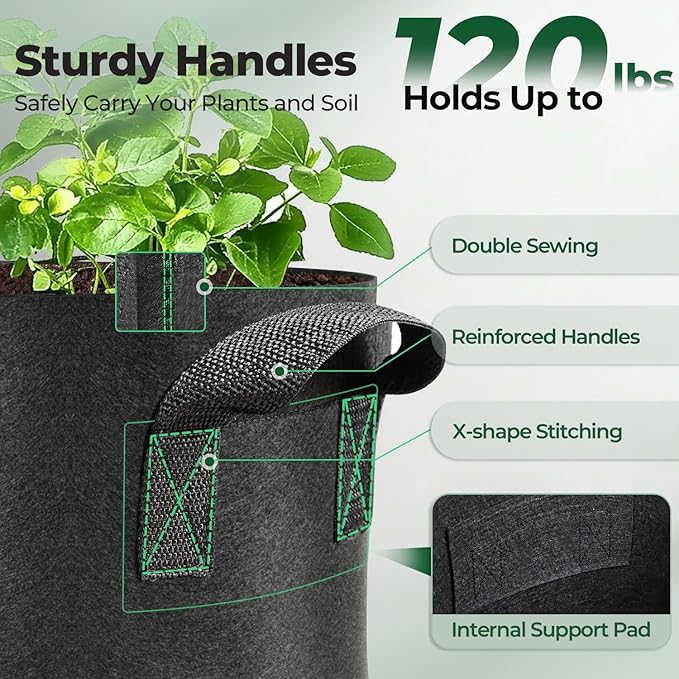 T4U 7 Gallon Grow Bags, Upgrade Grow Bags with Handles, Heavy Duty Thickened Nonwoven Fabric Pots, 7 Gallon Pots for Plants, Bell Pepper, Chili, Carrot, Kale (10 Pack) T4U