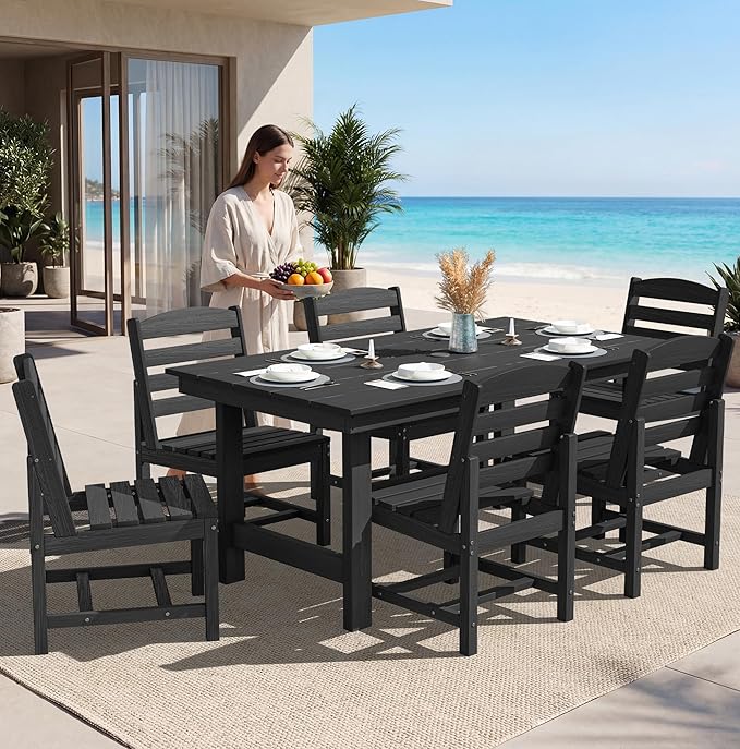 SERWALL Patio Dining Sets for 10 Person, HDPE Dining Set with 2 Tables, 8 Armless Chairs and 2 Armed Dining Chairs, Black SERWALL