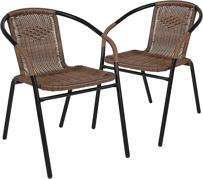 EMMA + OLIVER Set of 2 Modern Rattan Indoor/Outdoor Stack Chairs, Stacking Rattan Patio Chairs with Curved Back and Cross Bracing, Brown EMMAOLIVER