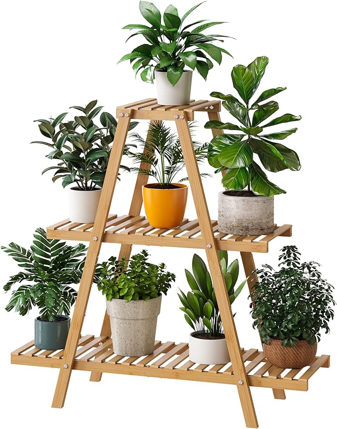 Bamboo Plant Stand - Indoor/Outdoor 3 Tier Plant Ladder, 8 Potted Flower Holder, Natural Furshus