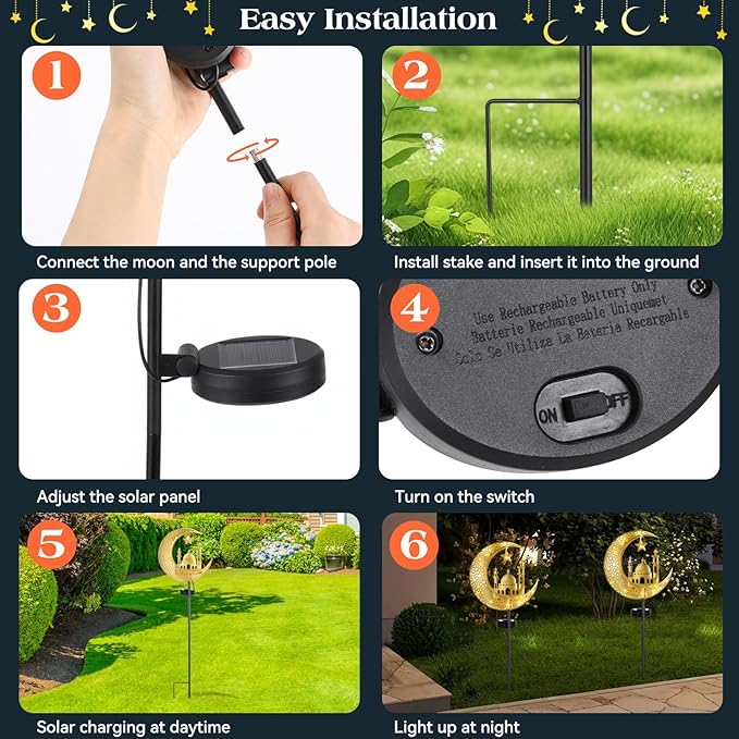 Lewondr 2Pcs Ramadan Solar Lights, Ramadan Decorations Outdoor, Metal Yard Signs LED Eid Decorations Mubarak Star Moon Castle, Waterproof Solar Garden Stakes Lights for Walkway Lawn Patio Lewondr
