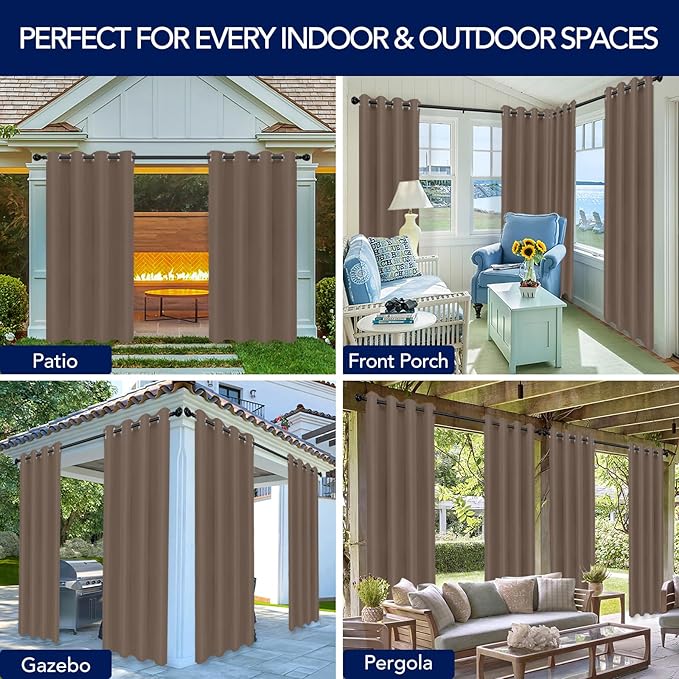 PureFit Outdoor Curtains for Patio Waterproof Weatherproof, UV Resistant Outside Curtains for Gazebo, Front Porch, Pergola, Sun Blocking Privacy Curtain, 52W x 95L inch, 1 Panel, Camel PureFit