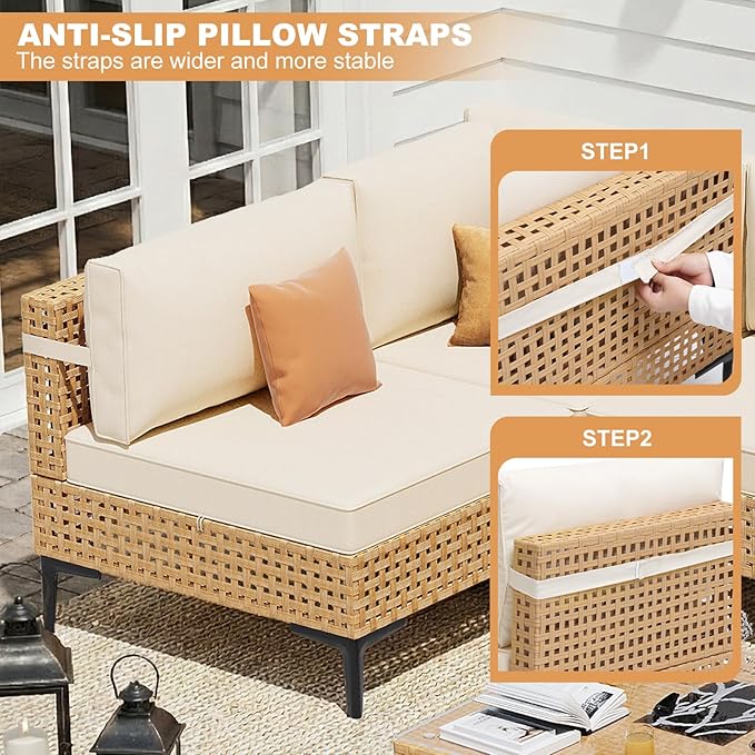 ABCASA Patio Furniture Set, 110" Large 7-Piece Wicker Outdoor Patio Furniture Sets with Anti-Slip Cushions & Coffee Table,Boho Patio Conversation Set Sectional Sofa for Backyard,Porch,Beige ABCASA