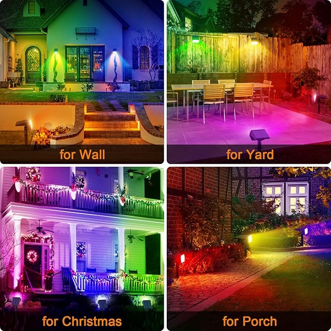 Solar Spot Lights Outdoor Color Changing, [7 Modes/10 Pack] Christmas IP65 Waterproof Landscape Spotlights, Dusk to Dawn Solar Powered Security Light for Patio Gate Walkway Pool Garden Yard Driveway Flaow