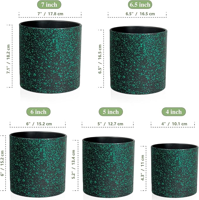 7/6.5/6/5/4 inch Plant Pots, 5 Pack Cylinder Flower Pots for Small Indoor Outdoor Plants, Plastic Planters with Drainage Holes and Saucer for Garden Succulent Plants, Black With Green Speckles Meowell