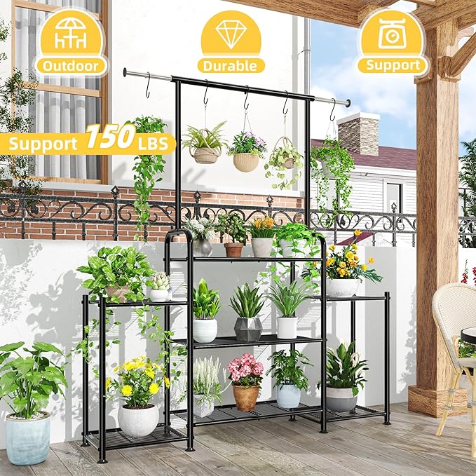 Simple Trending Plant Stand Indoor Outdoor, Metal 3 Tier Tall Hanging Plant Shelf for Multiple Flower Planter Large Heavy Duty Ladder Plant Holder for Garden, Black SimpleTrending