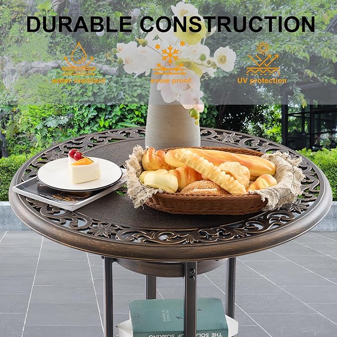 Outdoor Bar Height Table, 31.5" Round Cast Aluminum Patio Pub Table with Umbrella Hole, All-Weather Design for Deck/Garden/Poolside (Bronze) Attliahome