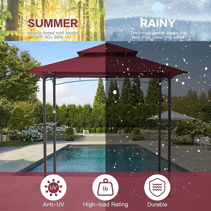AECOJOY 8' x 5' Grill Gazebo, Grill Canopy for Outdoor Grill, 2- Tier BBQ Gazebo Shelter for Patio, Backyard and More (Wine Red) AECOJOY