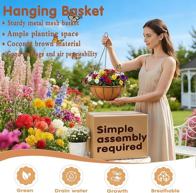 14 inch Metal Hanging Baskets For Plants Outdoor 4 Pack Round Metal Wire Hanging Basket Planter with Coco Fiber Liners Chain Round Wire Plant Holder for Garden, Patio, Deck, Porch Plants Flower Potss JFFLYIT