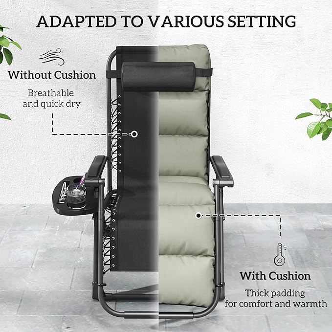 Outsunny Zero Gravity Chairs Set of 2, Reclining Folding Zero Gravity Lounge Chair, Outdoor Lounge Chairs with Removable Cushion, Headrest, and Cup Phone Holder Tray for Patio, Beach, Gray Outsunny