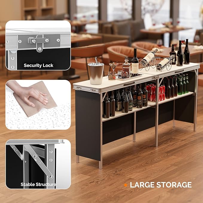VINGLI 78" Portable Bar Table, 2-Tier Shelves, Mobile Bar Table for Events, Party, Camping, Picnic, Tradeshow, Indoor with Black Skirt VINGLI