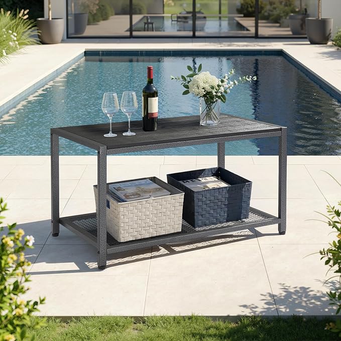 VINGLI Outdoor Coffee Table with Double-Layer Storage, Rectangle Weather-Resistant Patio Coffee Table for Garden, Balcony, Hot Tub, Poolside, Heavy-Duty Metal Frame, Black Modern Design VINGLI