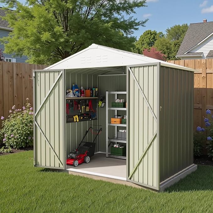 Greesum 8×6FT Outdoor Storage Shed, Metal Patio Storaged Sheds with Lockable Doors, Sheds & Outdoor Storage for Bike, Backyard, Pool and Garden, Gray BuynowfromGreesum