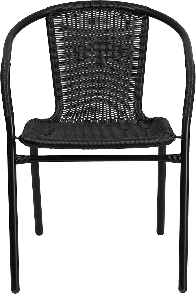 EMMA + OLIVER Set of 2 Modern Rattan Indoor/Outdoor Stack Chairs, Stacking Rattan Patio Chairs with Curved Back and Cross Bracing, Black EMMAOLIVER