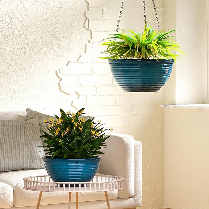 2 Pack Hanging Planters for Indoor Outdoor Plants, 10 Inch Hanging Planter with Drainage Hole & Plug Glazed Hanging Baskets Flower Pots for Garden Home (Blue) Vanslogreen