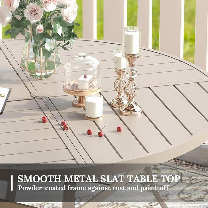 VICLLAX Round Patio Table with Adjustable Umbrella Hole for 6, All Weather Metal Outdoor Dining Table for Lawn Garden, 50" Outdoor Coffee Table, Cream Color Frame HOME