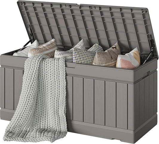 Devoko 78 Gallon Deck Box, Waterproof Resin Outdoor Storage Box for Outside and Patio, Outdoor Storage Bench Lockable for Patio Furniture, Garden Tools and Pool Supplies (Light Brown, 78 Gallon) DEVOKO