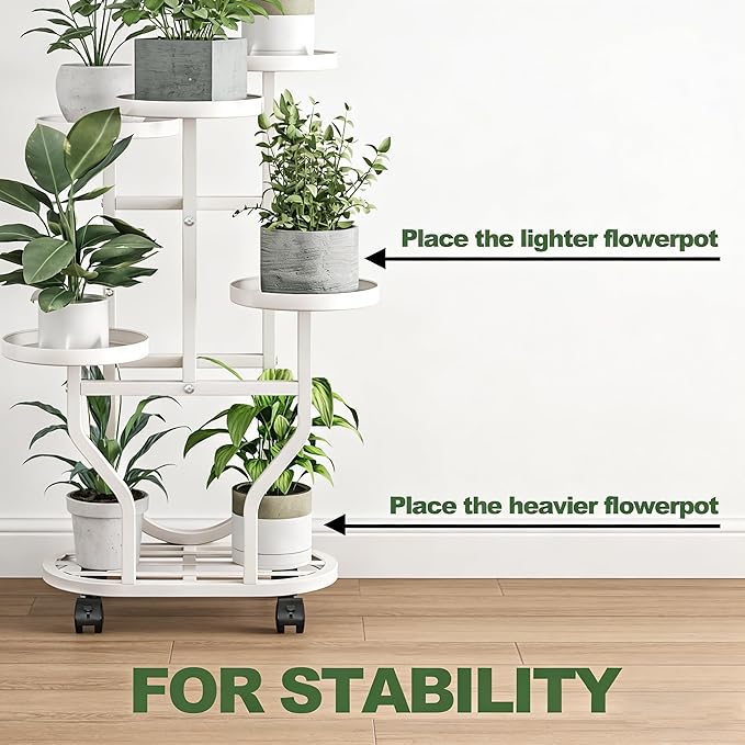 Plant Stand 5 Tier Indoor Outdoor Metal Flower Shelf with Wheels Multi Plants Holder Display Rack for Garden Patio Balcony Living Room White (White, 5 Tier) YIZAIJIA