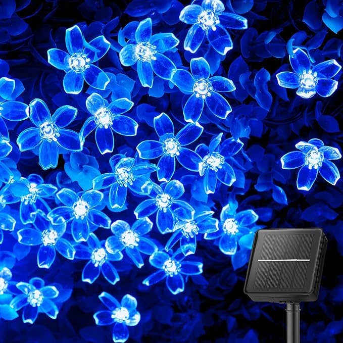 Brightown 60 LED Solar Flower String Lights for Outside Waterproof Fairy Lights for Garden Yard Fence Patio Christmas Tree Wedding Party Decor, Blue Brightown