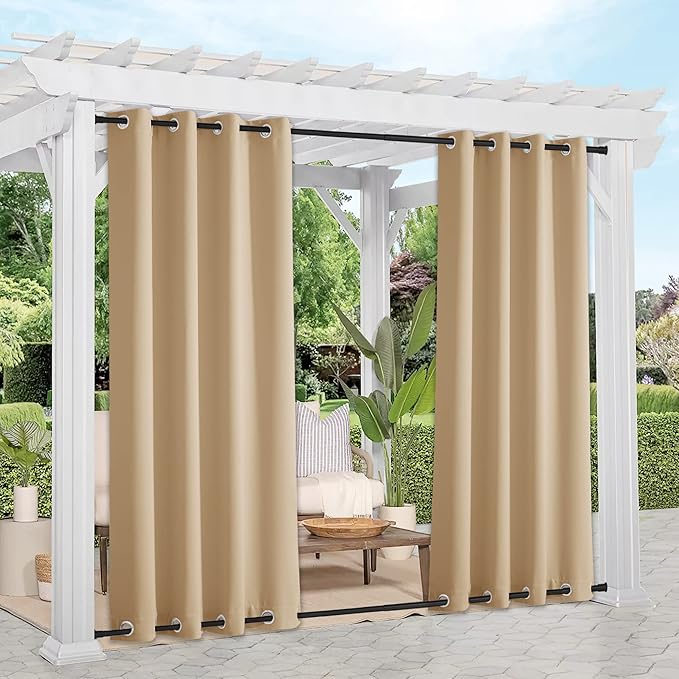 NICETOWN 2 Panels Outdoor Curtains for Patio Waterproof, Sunlight Block Rustproof Grommet Top and Bottom Windbreak Thick Enough Keep Sun/Rain Out for Deck, Biscotti Beige, W52 x L108 NICETOWN