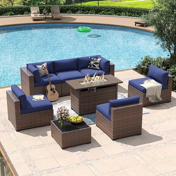 Aoxun 8-Piece Outdoor Patio Furniture Set - 44” Fire Pit Table, Durable Wicker Rattan Sectional Sofa with Coffee Table, Comfy Thickened Cushions, Blue (Waterproof Cover Included) Aoxun