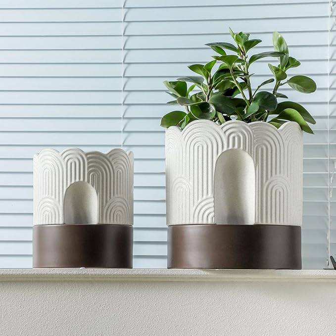 Nihow Self Watering Plant Pot Set: 6 Inch & 8 Inch Ceramic Planter with Drainage Hole & Water Storage Plus - Relief Design Self Watering Pot for Indoor Plants - Beige & Brown Flower Pot -Set of 2 Nihow