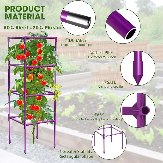3 Pack Tomato Cages, Square Tomato Plant Stakes Support Cages Trellis for Garden Climbing Vegetables Flowers Fruits,Extra Bold,Purple MQHUAYU