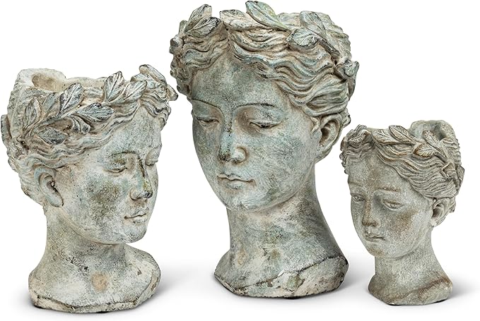 Abbott Collection Goddess Head Planter – Small Cement Indoor and Outdoor Planter Pot – Grecian Woman Statue Head Planter for Flowers and Succulents (Grey, 8.5" Tall, 3.5" Opening) AbbottCollection