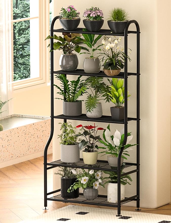 5-Tier Metal Plant Stand Indoor Outdoor, Waterproof Flower Stand for Multiple Pots, Heavy Duty Plant Stands for Living Room Patio Garden Decor, Tall Plant Shelf with Leveling Feet, Black Yutrchey