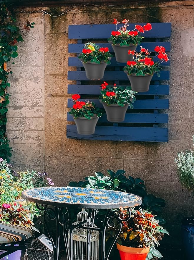 MADHOLLY 6Pcs Vertical Hanging Planters for Outdoor Plants - Wall Plant Holder for Indoor Decorations Garden Fence, Plastic Flower Pots with Drainage Grid and Hooks (Gray) MADHOLLY