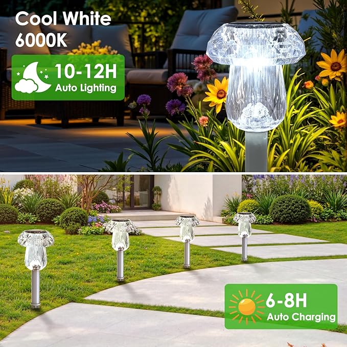 Mancra Solar Pathway Lights Outdoor, 8 Pack Mushroom Solar Lights Outdoor Waterproof Dusk to Dawn Solar Garden Lights for Yard Walkway Garden Decor, Cool White Mancra
