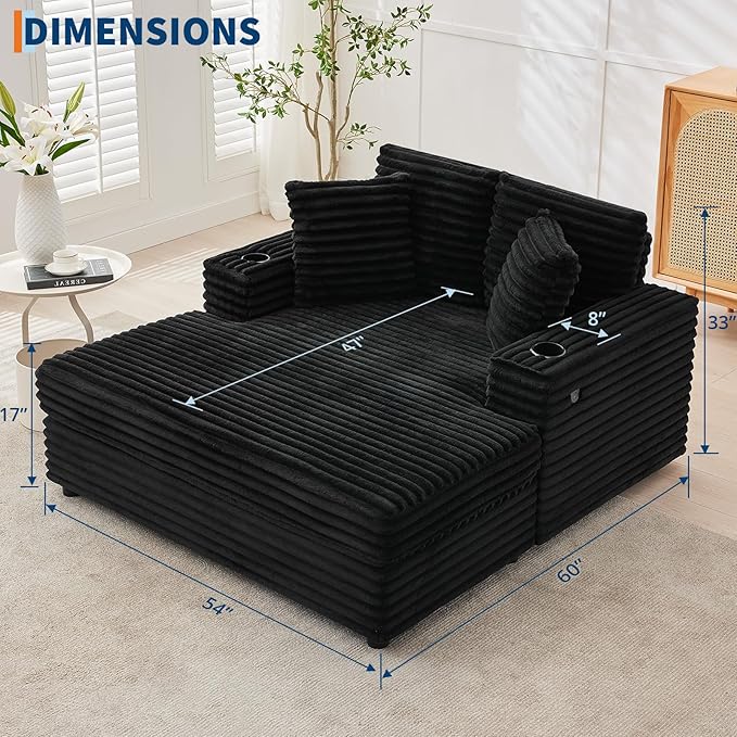 GarveeHome Oversized Chaise Lounge Chair Indoor, 56x60 in Comfortable Corduroy Lounge Sofa with Charging Ports & Cup Holders, Cozy Reading Couch for Bedroom Living Room Apartment, Black GarveeHome