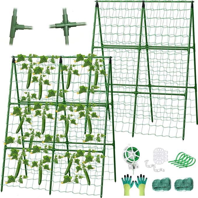 2 Packs Cucumber Trellis for Raised Beds, 31 X 47 Inch Adjustable Size A-Frame Garden Trellis for Climbing Plant Outdoors with Climbing Net and Plant Support Clip for Vegetable Grape Garden Supplies LifeisLuck