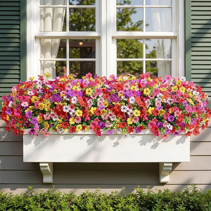 Alupssuc 32 Bundles Artificial Flowers for Outdoors Decoration, UV Resistant Silk Faux Daisy Flora Spring Fake Plastic Plants Greenery for Outside Indoor Yard Home Porch Window Box Decor, Mix 6 Colors Alupssuc