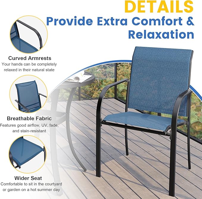 VICLLAX Patio Dining Set for 6, Outdoor Furniture Set Includes 63" Rectangle Patio Table and 6 Patio Stackable Chairs, Outdoor Table and Chairs for Outsides, Black Tabletop and Blue Fabric HOME
