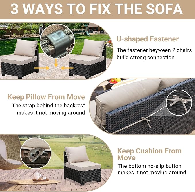 Jing's Villa 10-Piece Patio Furniture Set, All-Weather Outdoor Wicker Sectional Sofa with Cushions, Glass Table & Left and Right Armrest, Rattan Conversation Seating for Porch, Garden, Backyard,Beige JingsVillaOutdoorFurniture