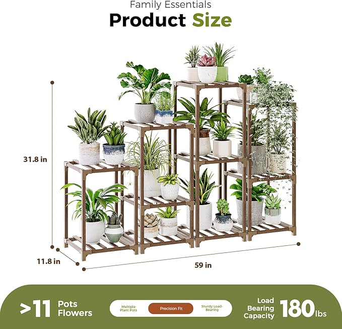Bamworld Plant Stands Indoor 4 Sets Plant Shelves Outdoor Wooden Plant Holder for Multiple Plants Flower Stands Window Bamworld