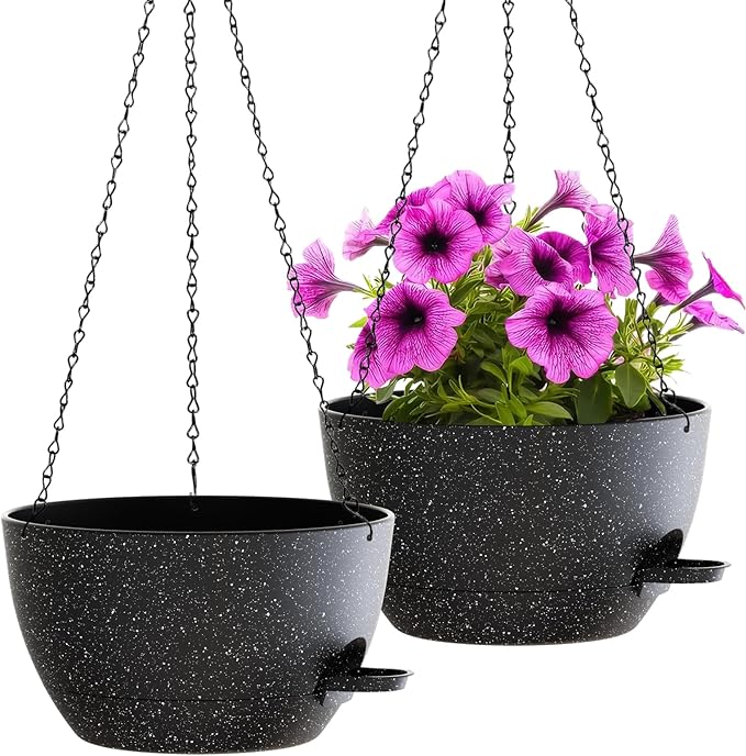 WOUSIWER Self Watering Hanging Planters, 2 Pack 12'' Plastic Pots with Drainage Holes & Reservoir Tray (Speckled Black) | Indoor & Outdoor Use for Ferns, Ivy, Herbs, Succulents WOUSIWER