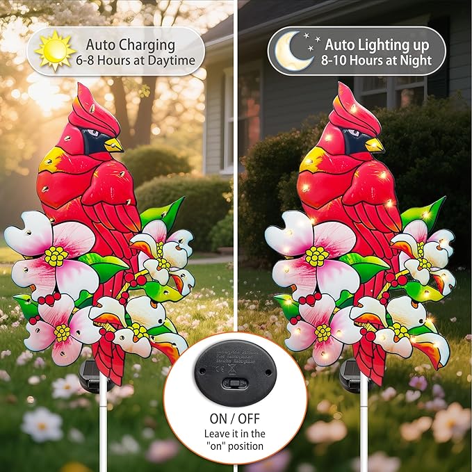 Hexagram Cardinal Garden Decor Yard Stakes, Lighted Metal Red Bird Garden Stakes Set of 2, Cardinal Solar Lights Outdoor Decor, Red Bird Yard Signs for Outside Pathway Lawn Porch Patio Hexagram