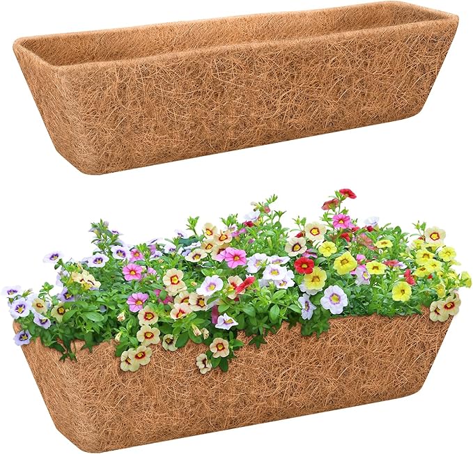Riare 2 Pack 24 Inch Rectangle Coconut Liners for Planters, Natural Coconut Fiber Planter Liners, Window Box Liner Trough Coco Liner for Outdoor Flower, Garden Wall, Deck & Fence Planter Boxes Riare