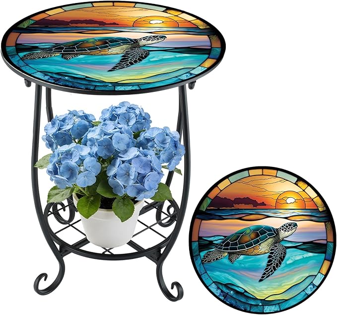 Outdoor Side Table Round Small Mosaic Patio Accent Indoor End Plant Coffee Tea Table for Yard Patio Porch Garden Living Room, Bedroom(Turtle Style,12 Inch) Cinnvoice