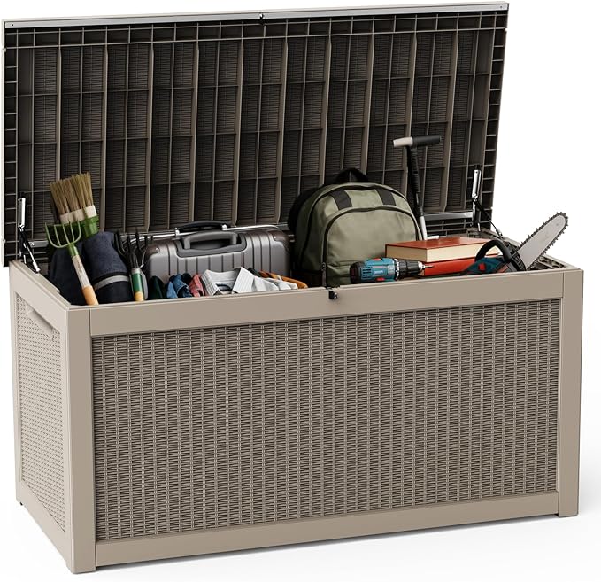 DRATO 320 Gallon Deck Box, Outdoor Large Waterproof Resin Storage Box with Lockable Lid for Patio Cushions, Gardening Tools（Gray，320 Gallon） DRATOprovidesawarmandcozy