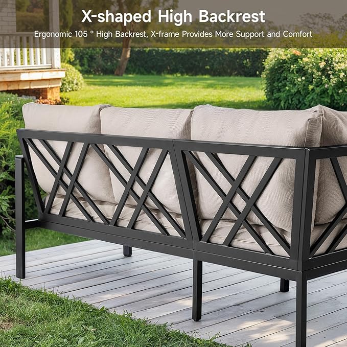 Patio Furniture Set, 6-piece Metal Sectional Furniture Sofa with Coffee Table, L Shaped Outdoor Couch with Olefin Cushion, Highback Frame, Outdoor Patio Conversation Sets for Balcony Backyard, Beige ONBRILL