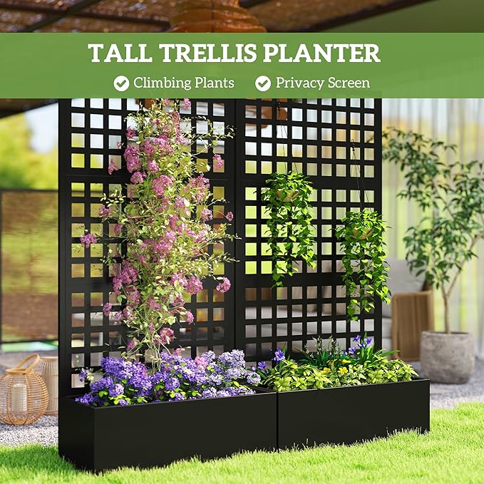 Outsunny Galvanized Raised Garden Bed with Trellis, Metal Planter Box with Drainage Holes, Outdoor Privacy Screen for Climbing Plants, Vegetable, Vines, 35" x 16" x 70", Black Outsunny
