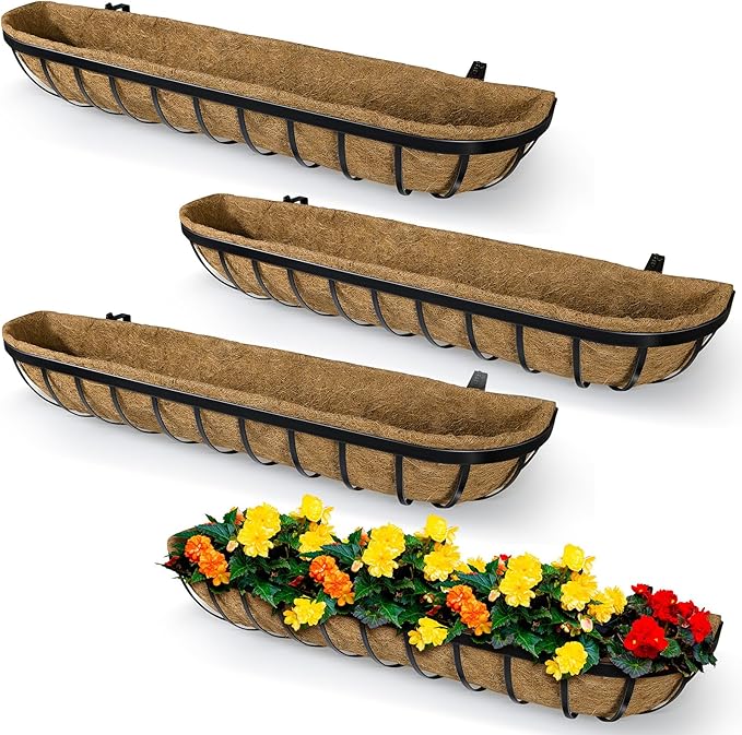 4 Pack 36 Inch Window Deck Railing Planter Boxes with Coconut Liner, Large Hanging Window Flower Boxes Metal Railing Planter for Balcony Fence Porch (4, 36 Inch) BeapTcely