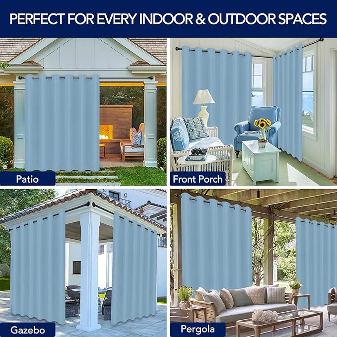 PureFit Outdoor Curtains for Patio Waterproof Weatherproof, UV Resistant Outside Curtains for Gazebo, Front Porch, Pergola, Sun Blocking Privacy Curtain, 120W x 108L inch, 1 Panel, Sky Blue PureFit