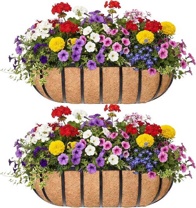 30“ Window Box Railing Planter with Coco Liner Metal Wall-Mounted Coconut Liner Planter Basket English Horse Trough Planters for Outdoor Deck Balcony Porch Fence Patio Black (2 Pack) KIDYBELL