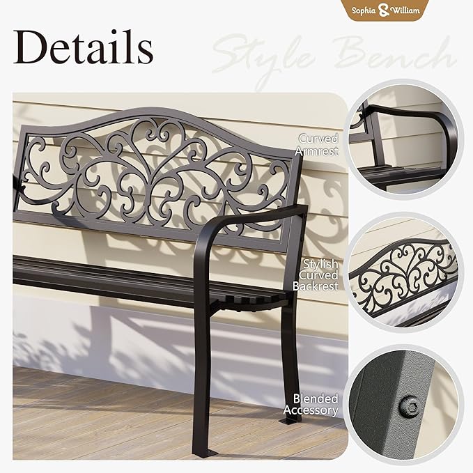 Sophia & William Outdoor Bench, Metal Garden Bench, Cast Iron Park Benches for Outside with Floral Design Backrest, Black SophiaWilliam