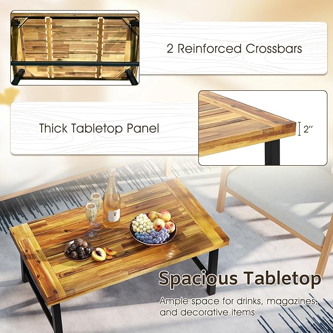 Tangkula Outdoor Acacia Wood Coffee Table, Rectangle Rustic Accent Table with Thickened Top & Heavy-Duty Metal Legs, for Patio, Deck, Garden, Natural TANGKULA