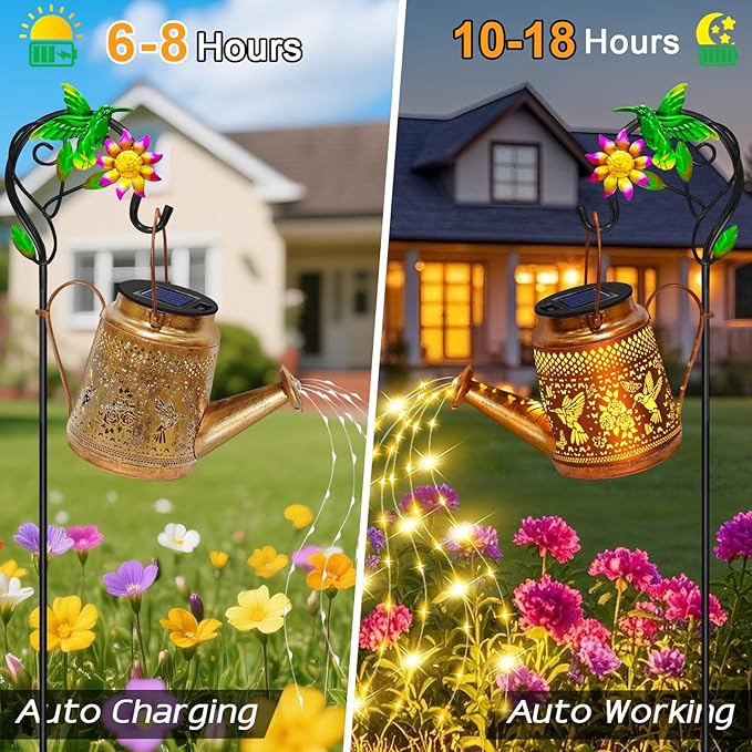 Solar Lights Outdoor Waterproof Garden Decor,Solar Watering Can Lights Hummingbird lanterns,Birthday Gifts for Mom Women,Decorative Outside Metal Hanging Fairy String Light for Yard Art Patio Porch EDOF